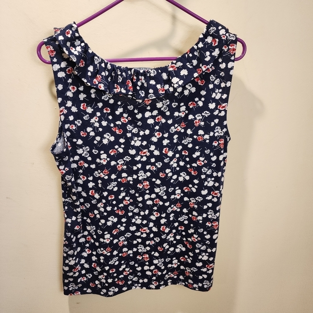 Chaps navy floral ruffled neck sleeveless 100% cotton size PL - Picture 8 of 9